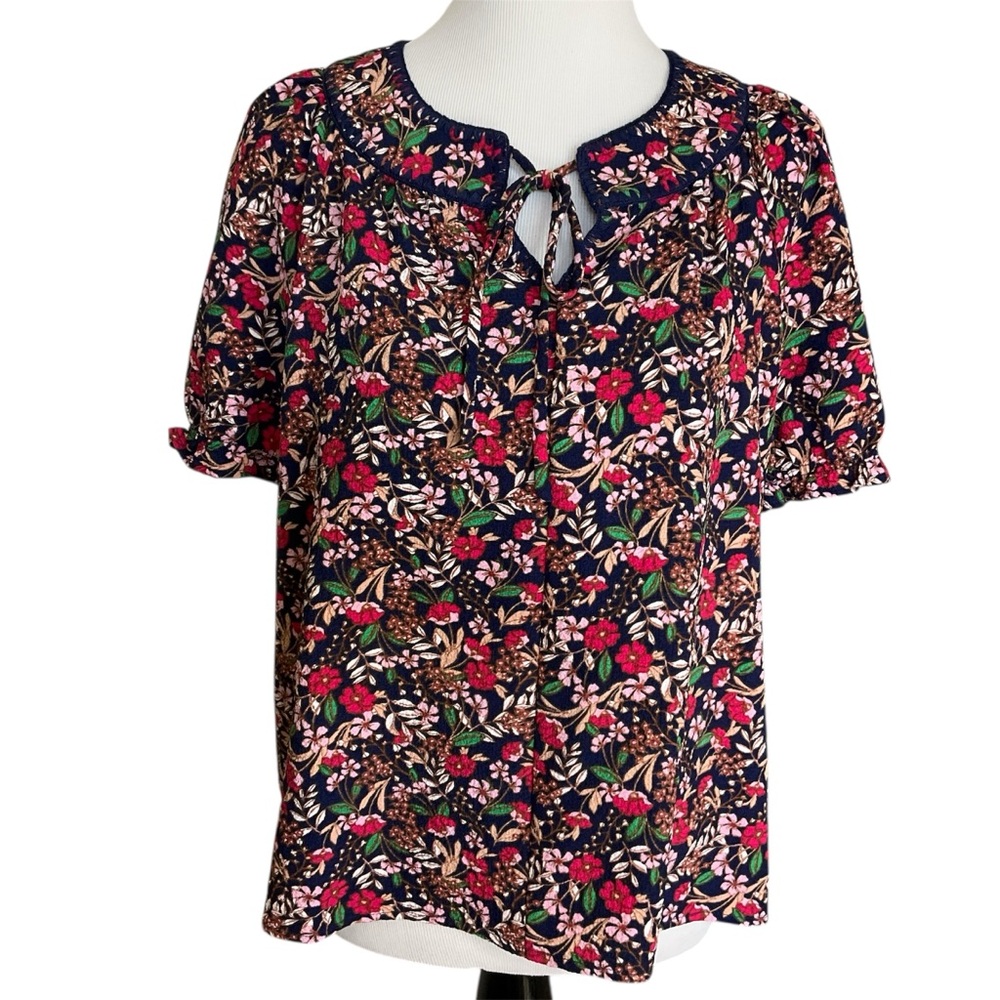 Women’s Navy Floral Tie-Neck Blouse